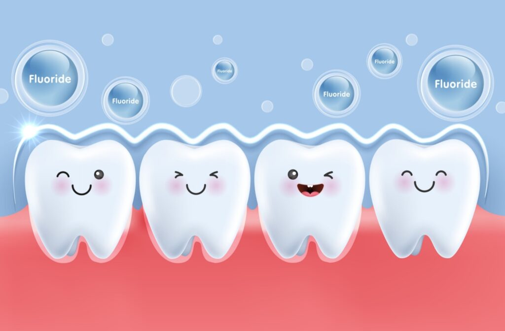 A cartoon image of teeth being protected by fluoride.