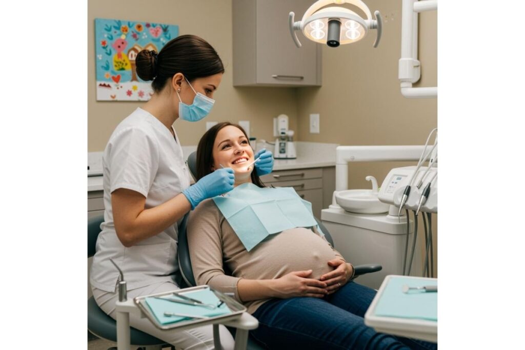 A female dental hygienist wearing a blue face mask and gloves performing an examination on a smiling, pregnant woman sitting in a dental chair with a bib on in a professional clinic setting.