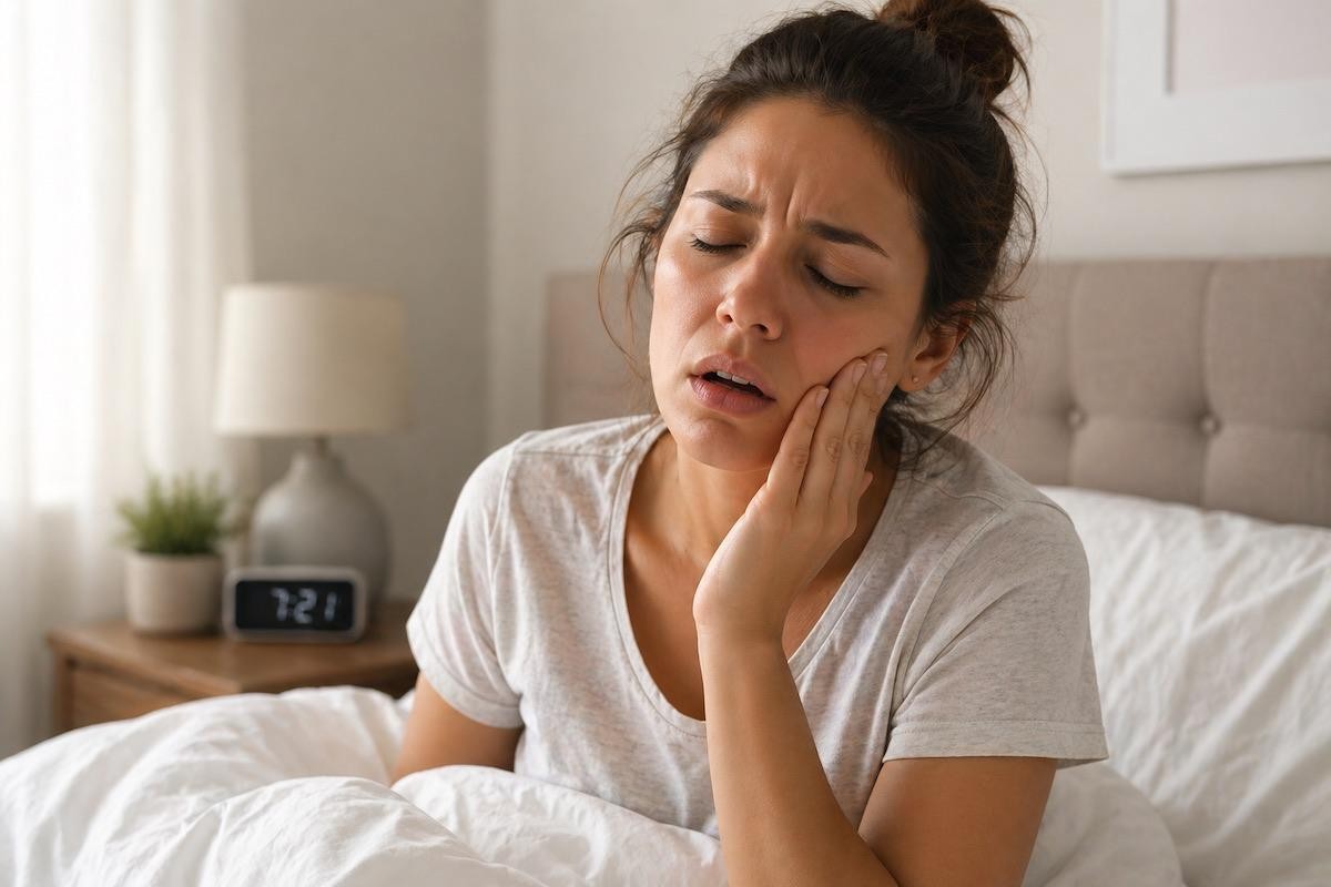 Woman holding her jaw in discomfort after waking up.