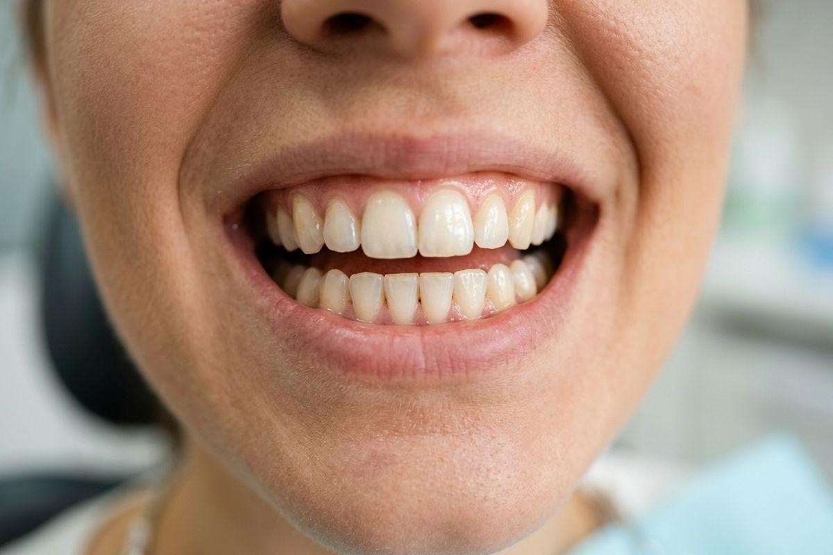 Close-up of a smiling person's open mouth showing upper and lower teeth, seated in a dental chair.