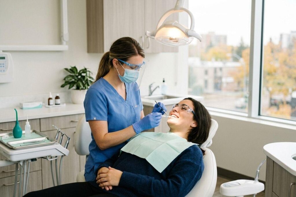 Dentist examining a smiling patient reclined in a dental chair, using tools under a bright overhead light in a modern clinic.