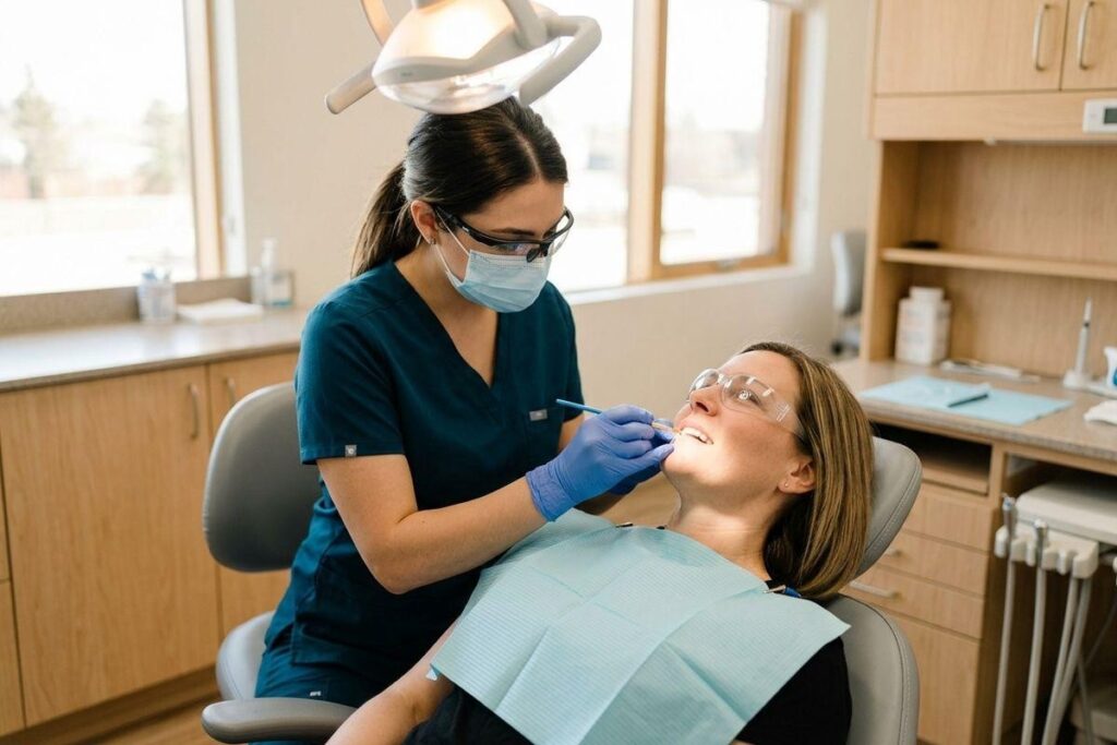 Dentist in mask and gloves examines the teeth of a patient reclined in a dental chair with safety glasses.